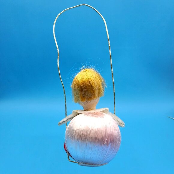 Vintage 1960s Satin Ball Angel Ornament Foil Wings Spun Cotton Composite Face v4 - Picture 5 of 8